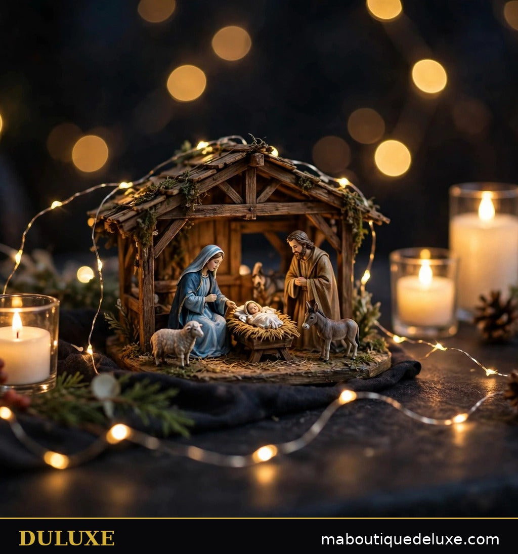Crèche miniature DULUXE en ambiance du soir parmi des bougies LED et des lumières chaudes