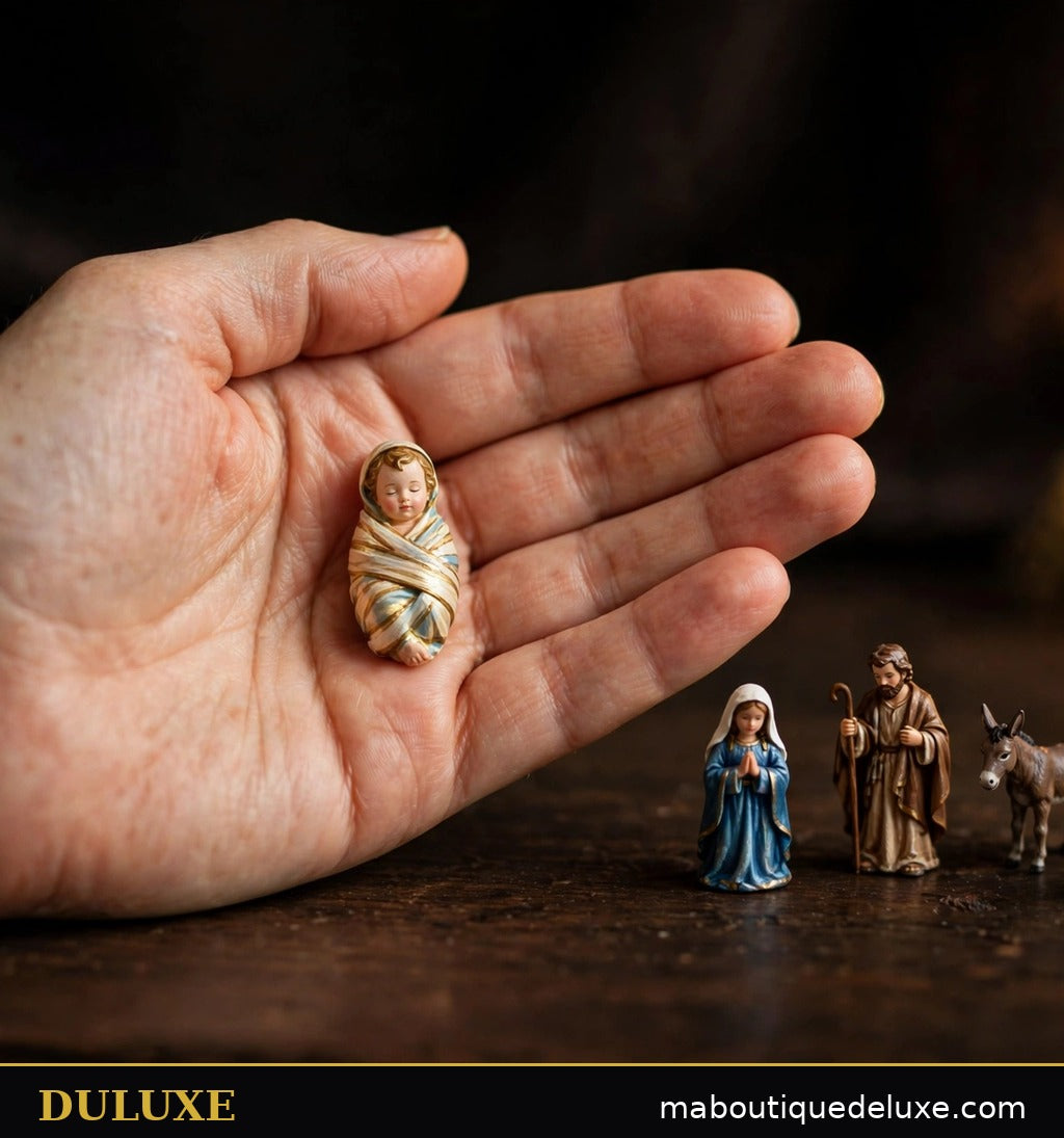 Figurine de crèche miniature DULUXE tenue dans une main ouverte, montrant le format de poche