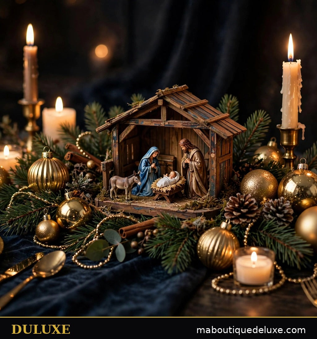 Crèche miniature DULUXE en centre de table de Noël dorée avec bougies et branches de pin