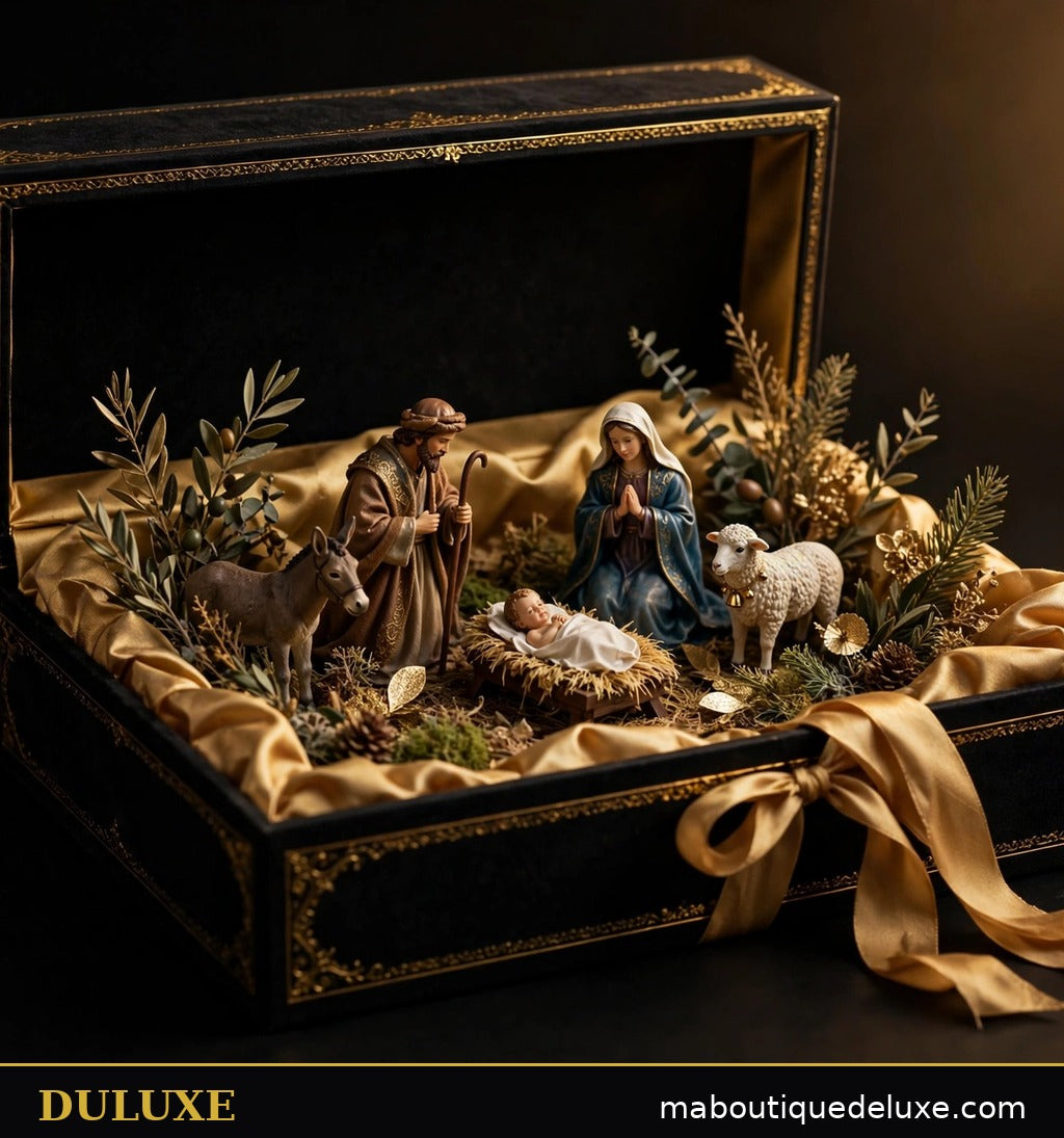 Coffret cadeau DULUXE noir et doré avec la crèche miniature, présentation premium avec ruban doré