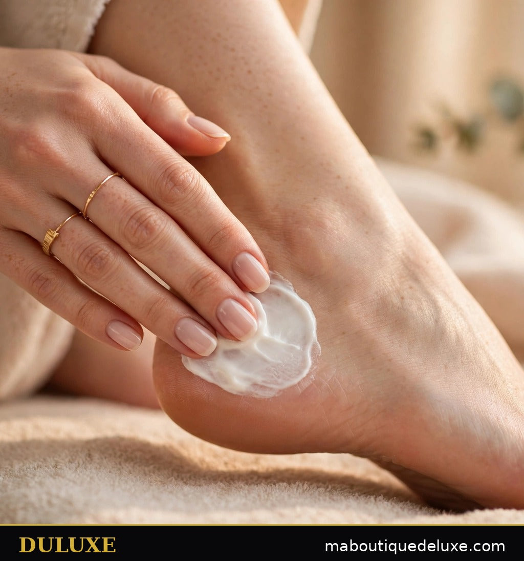 Application de la crème réparatrice DULUXE sur le talon, peau douce et hydratée