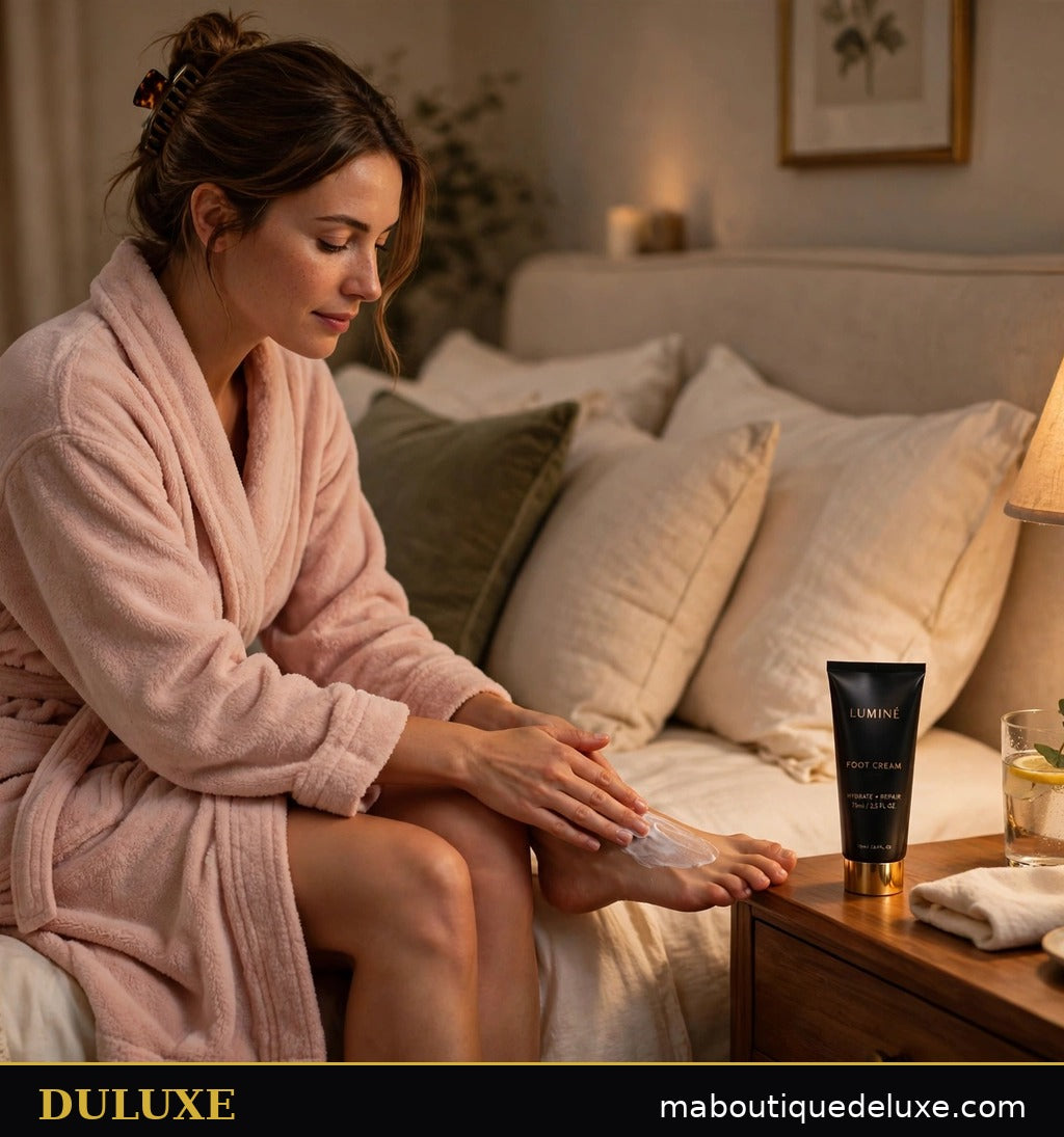 Routine du soir au bord du lit, application de la crème pieds DULUXE dans une ambiance chaleureuse