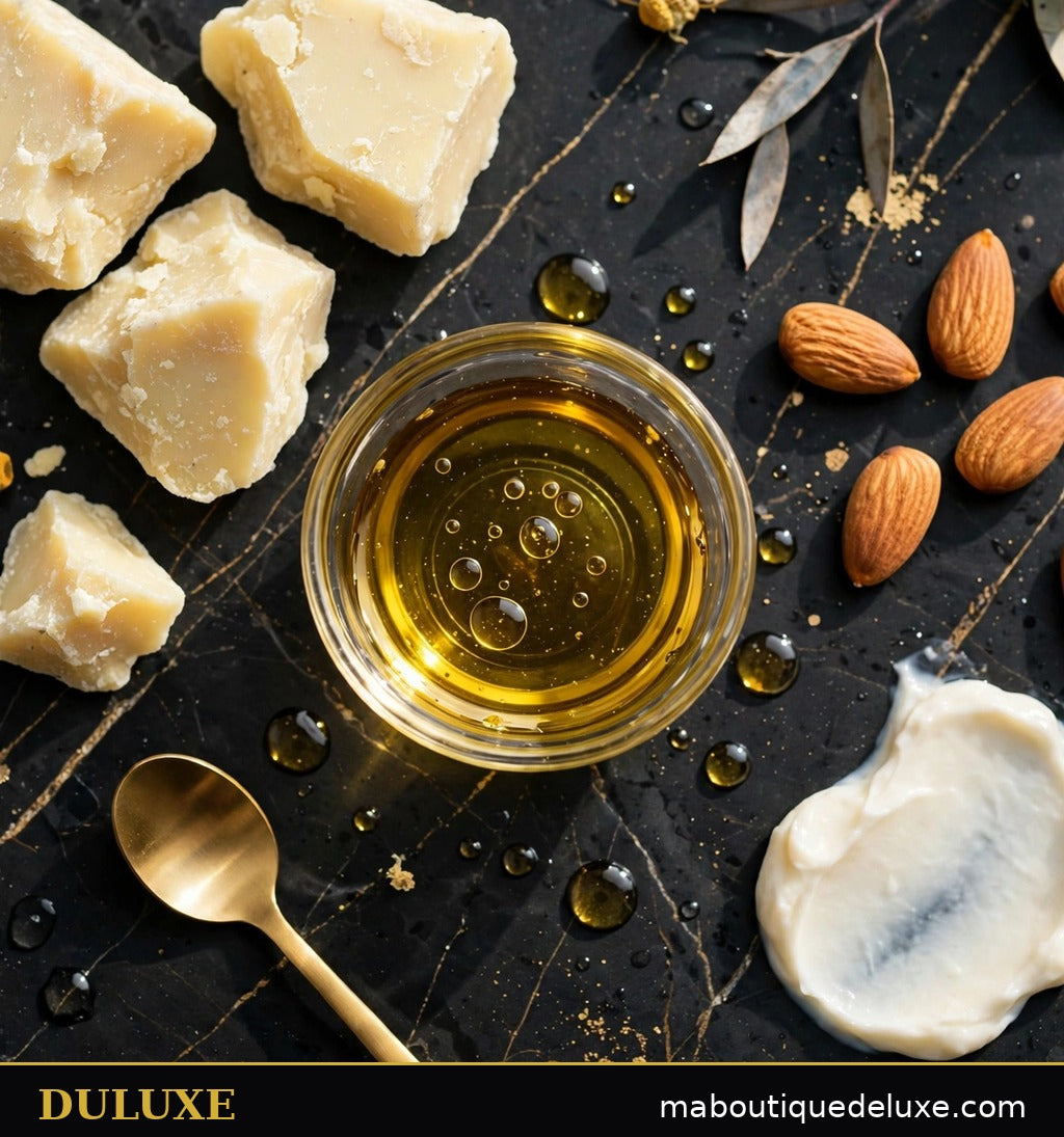 Ingrédients doux de la crème DULUXE, beurre végétal et gouttes d'huile précieuse sur marbre foncé