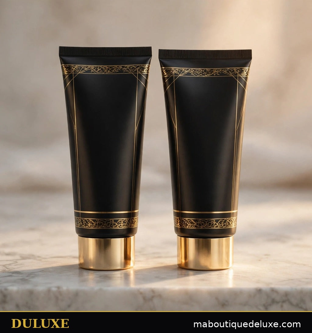 Duo de tubes de crème réparatrice pieds DULUXE noir et doré sur marbre