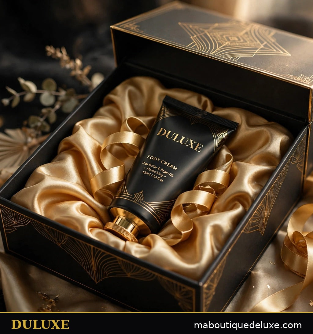 Coffret cadeau DULUXE noir et doré avec le tube de crème réparatrice pour les pieds