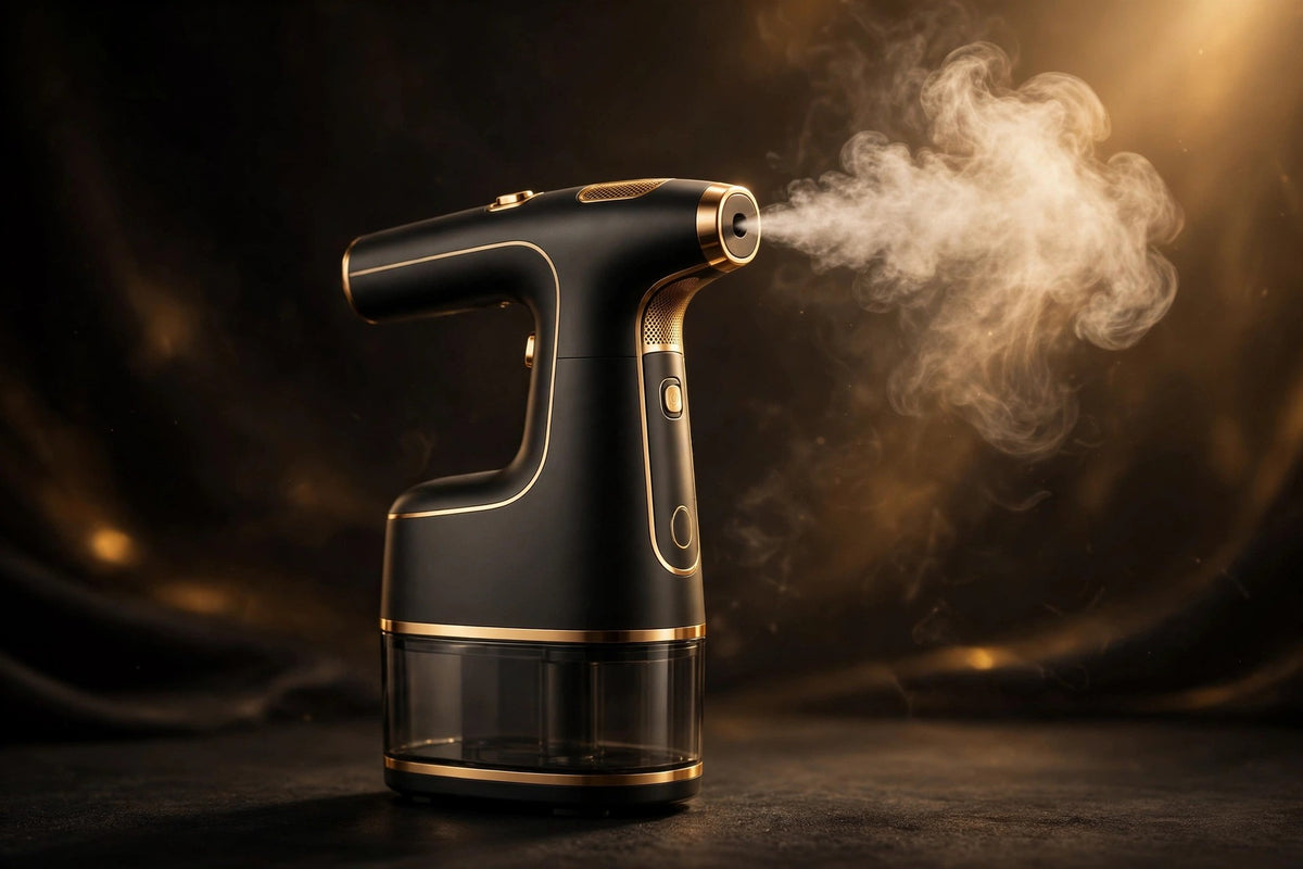 Défroisseur vapeur portable noir et doré dégageant un nuage de vapeur, fond sombre élégant