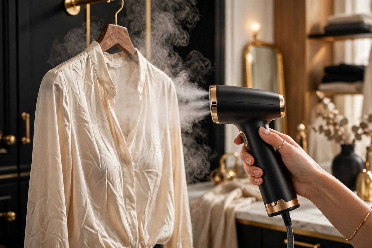 Main de femme défroissant un chemisier froissé sur cintre avec le défroisseur vapeur noir et doré