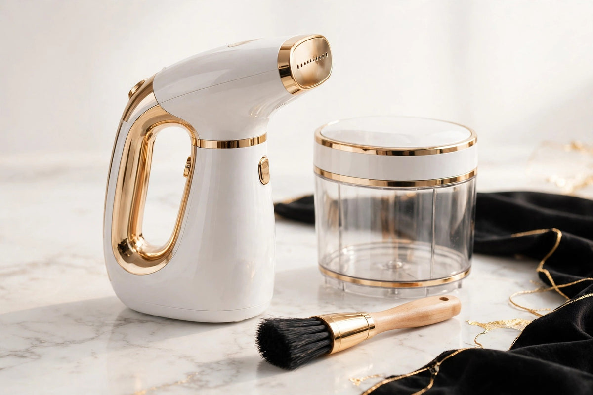 Défroisseur vapeur blanc et doré avec son réservoir détachable et sa brosse textile sur marbre