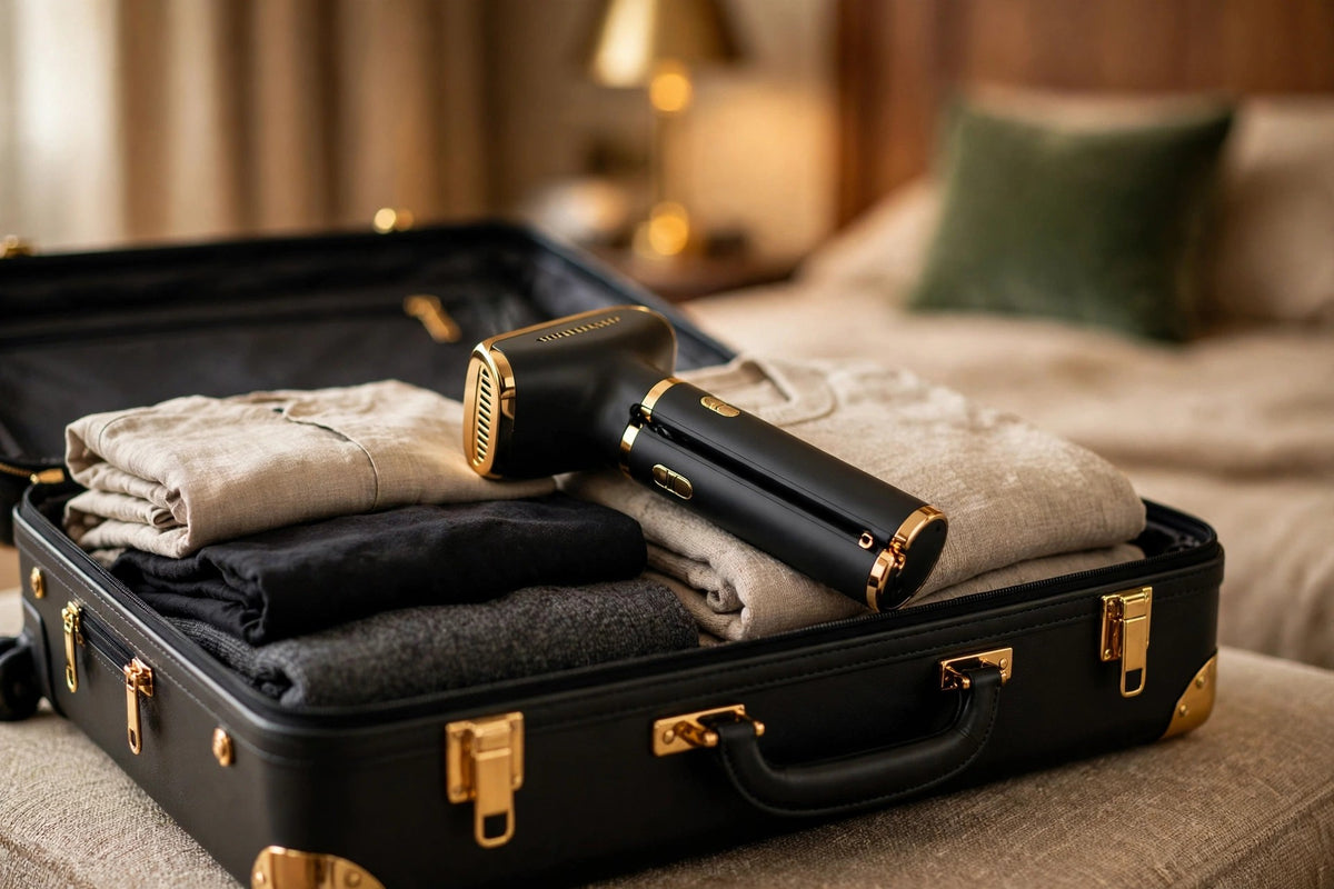 Défroisseur vapeur pliable rangé dans une valise ouverte à côté de vêtements pliés