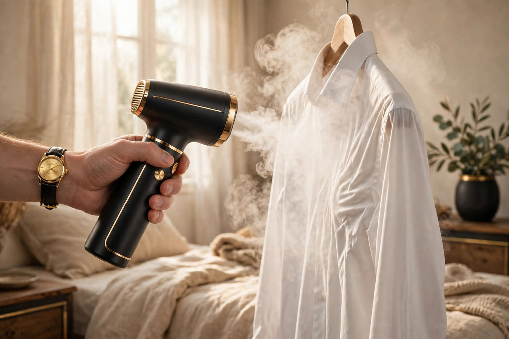 Main d'homme défroissant une chemise froissée sur cintre le matin avec le défroisseur noir et doré