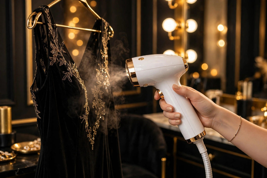 Robe de soirée élégante rafraîchie au défroisseur vapeur blanc et doré dans un dressing lumineux
