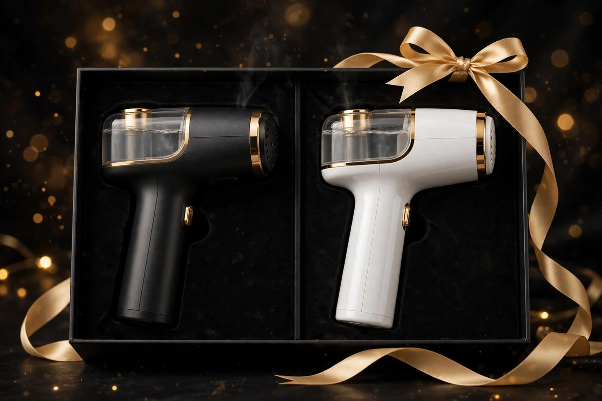 Deux défroisseurs vapeur portables, noir et blanc aux accents dorés, dans un coffret cadeau noir et doré
