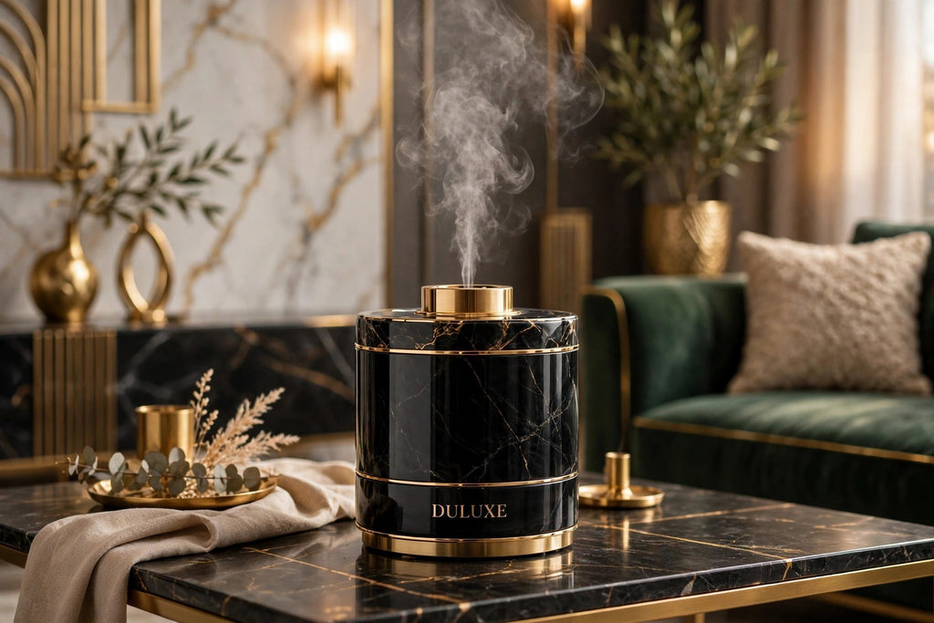 Diffuseur parfumé d'ambiance DULUXE noir et doré dans un salon élégant avec brume parfumée, visuel principal