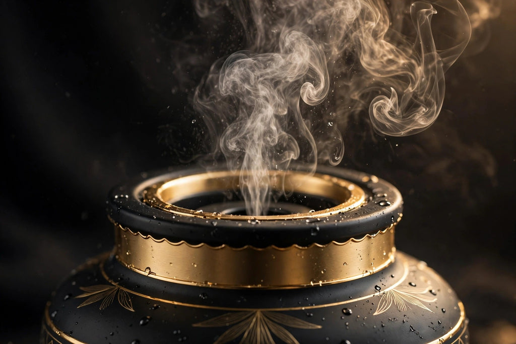 Gros plan sur la brume fine ultrasonique du diffuseur parfumé d'ambiance DULUXE noir et doré