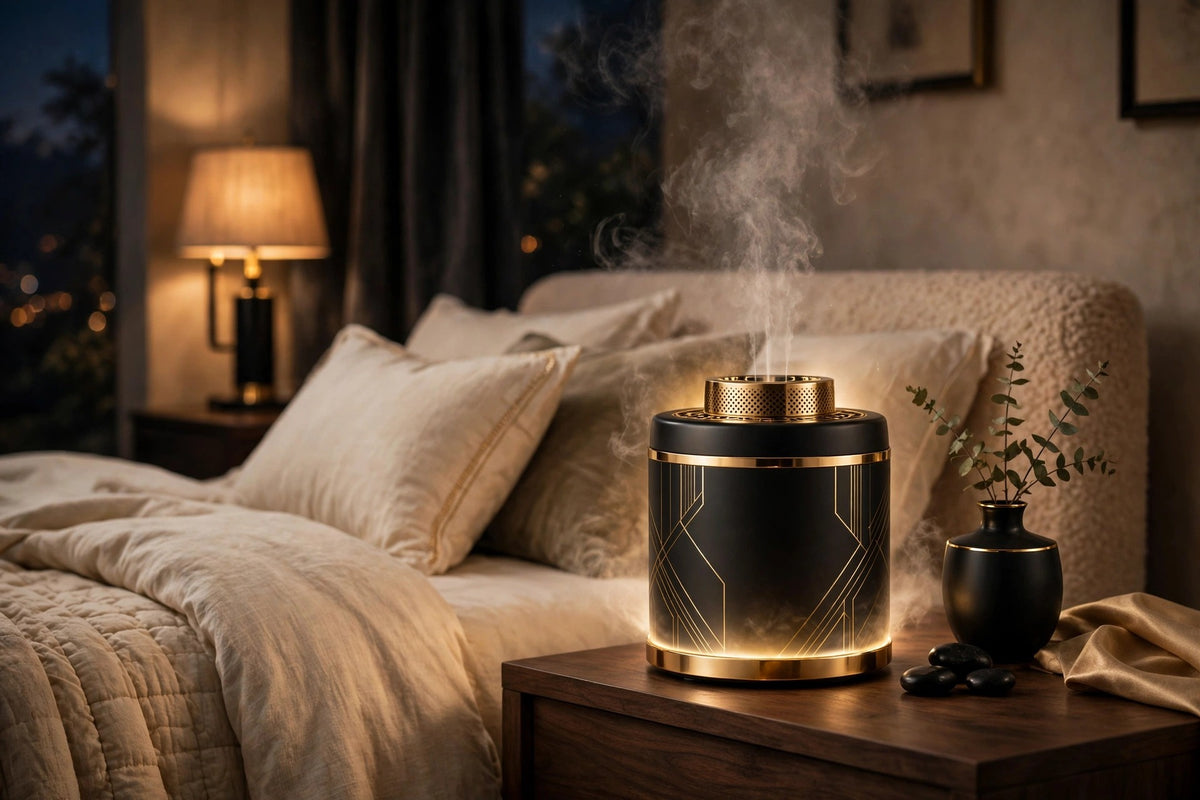 Diffuseur parfumé DULUXE avec lumière d'ambiance douce le soir dans une chambre