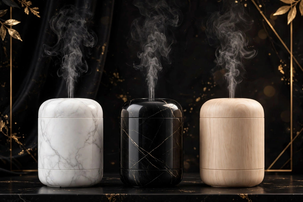 Les trois couleurs du diffuseur parfumé DULUXE alignées : Blanc Marbre, Noir Onyx et Bois Clair