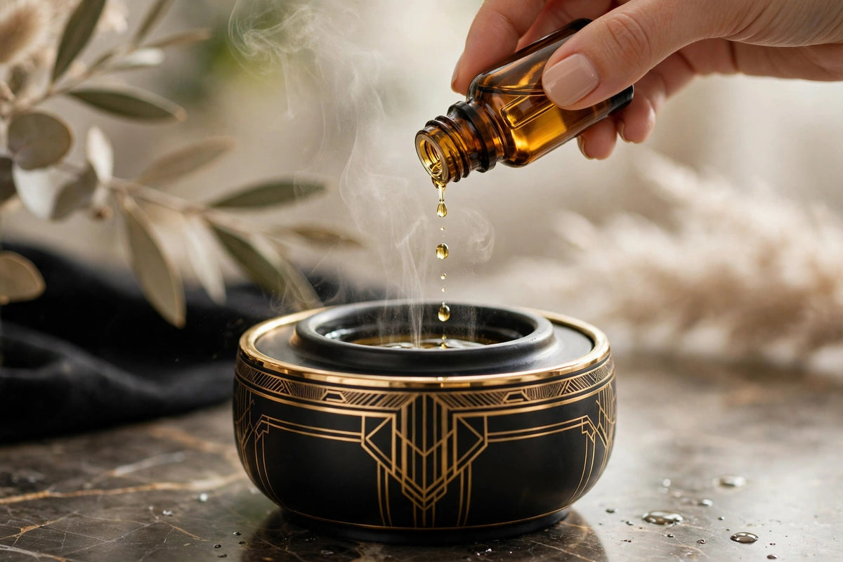 Main versant l'huile essentielle dans le diffuseur parfumé d'ambiance DULUXE