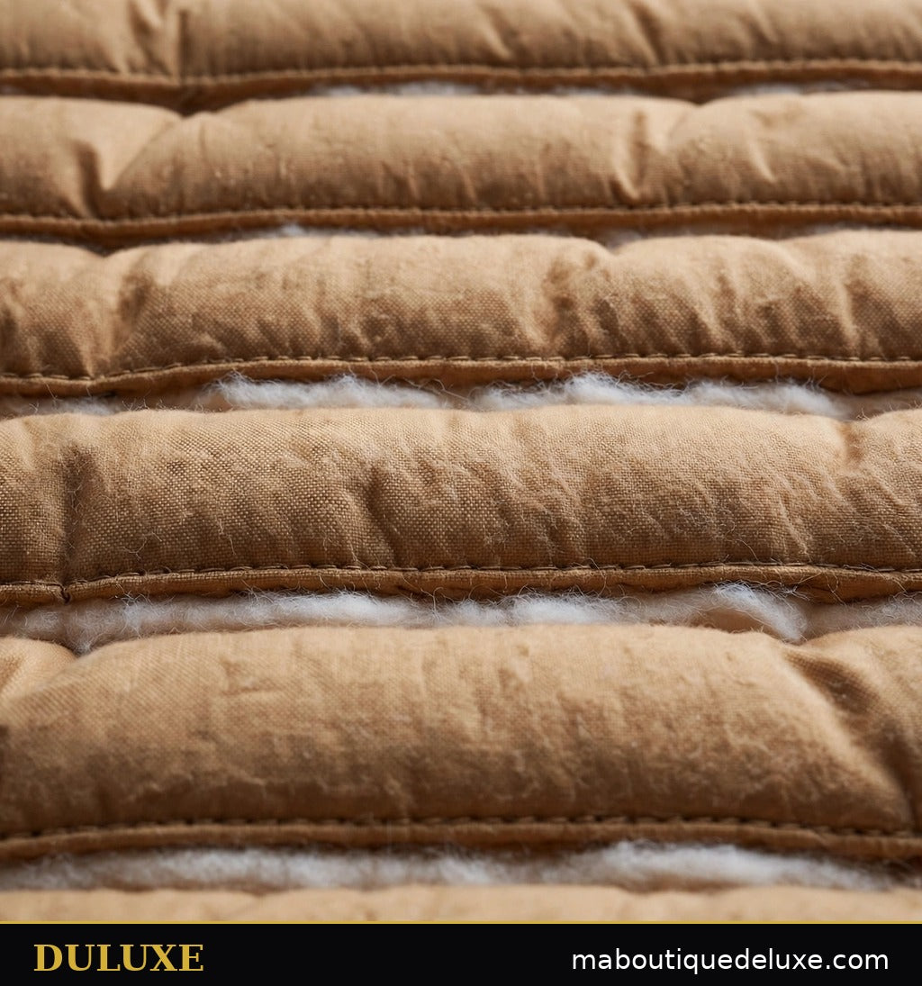 Détail du matelassage premium et du tissu de la doudoune longue femme DULUXE en camel
