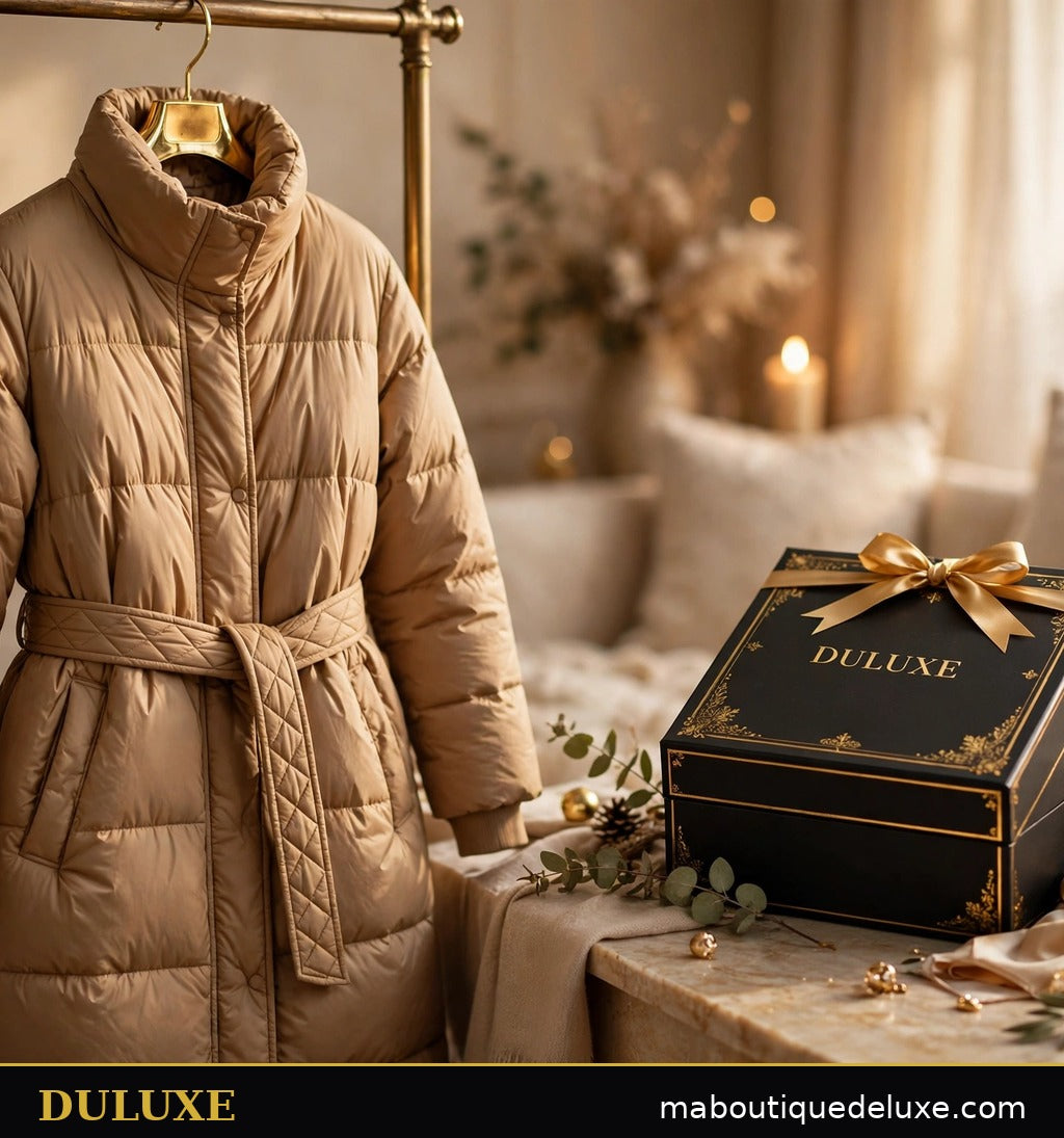Doudoune longue camel DULUXE sur cintre doré à côté d'un coffret cadeau noir et or, ambiance luxe