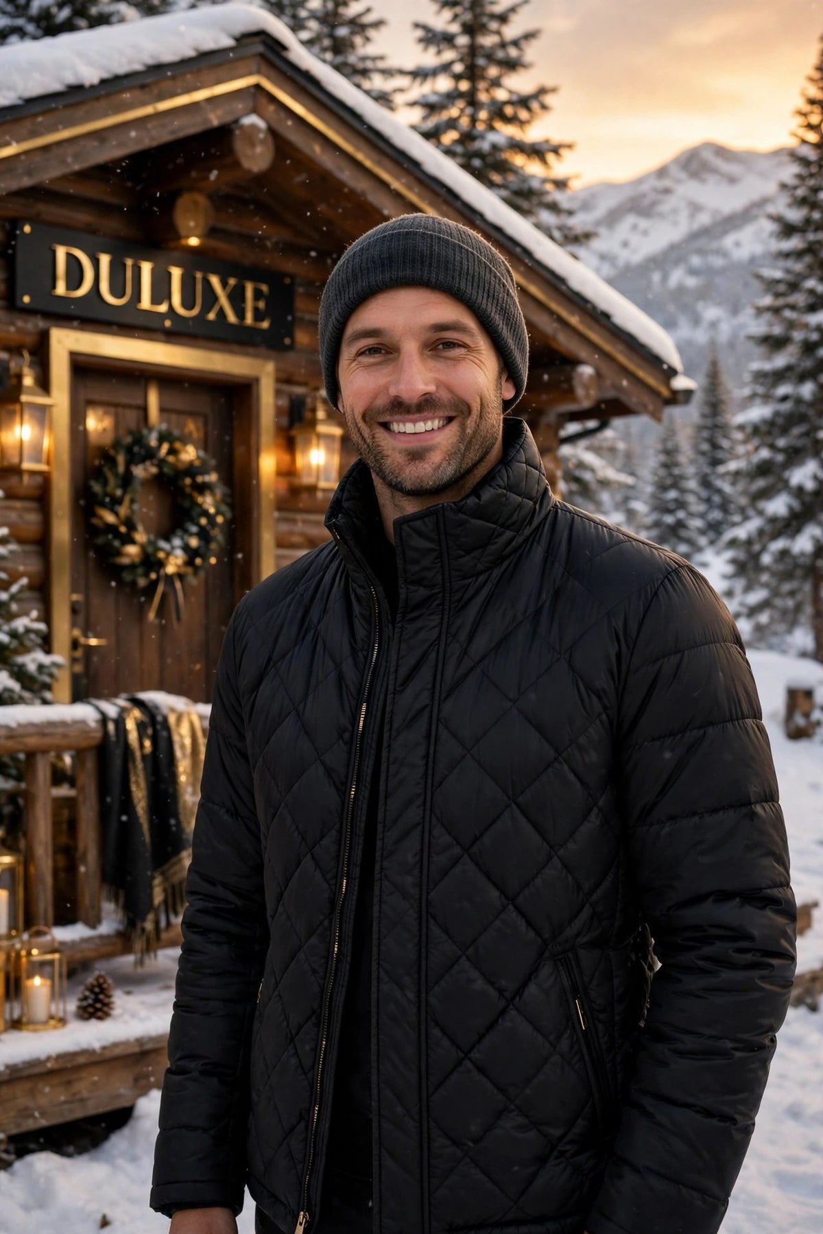 Doudoune matelassée noire sans la capuche amovible, homme souriant devant un chalet en bois en hiver