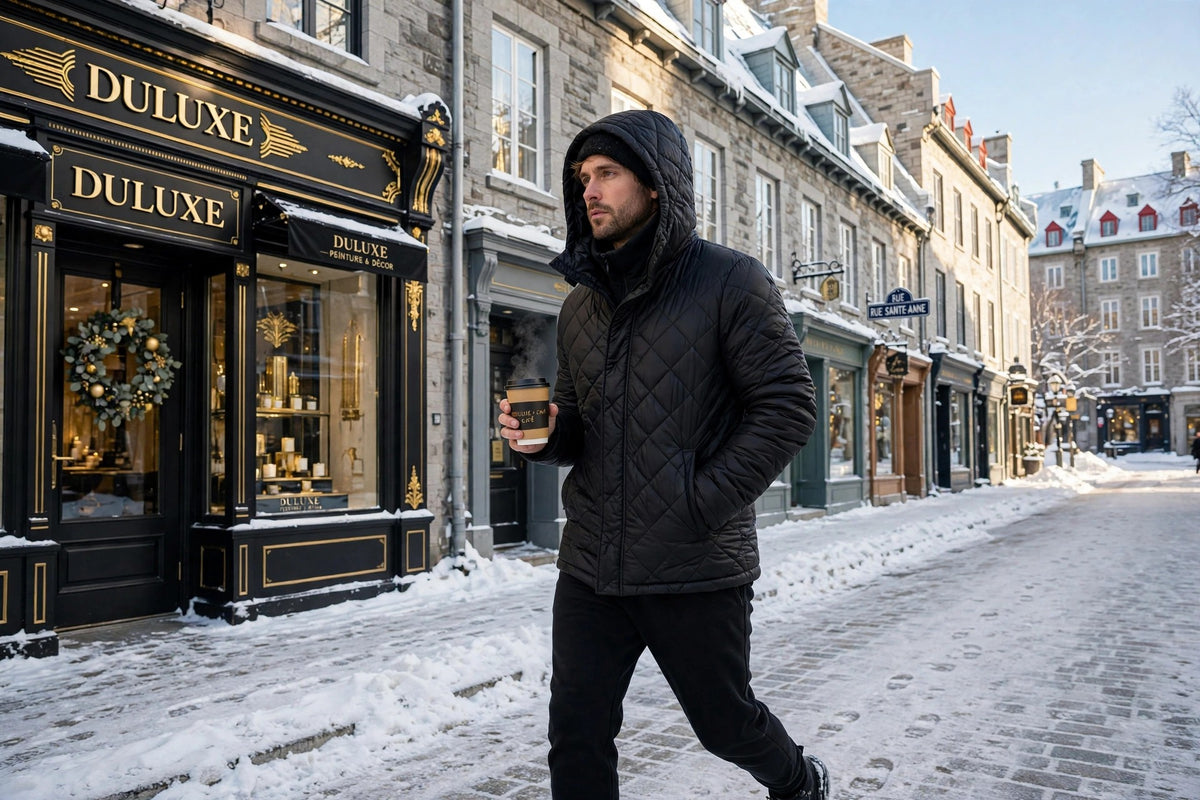 Homme en doudoune noire marchant avec un café à emporter, matin d'hiver ensoleillé en ville québécoise