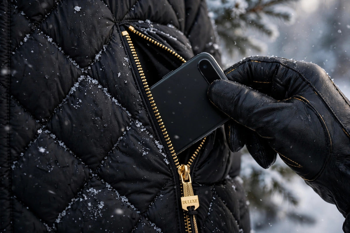 Détail de la poche zippée de la doudoune avec une main gantée qui range un téléphone