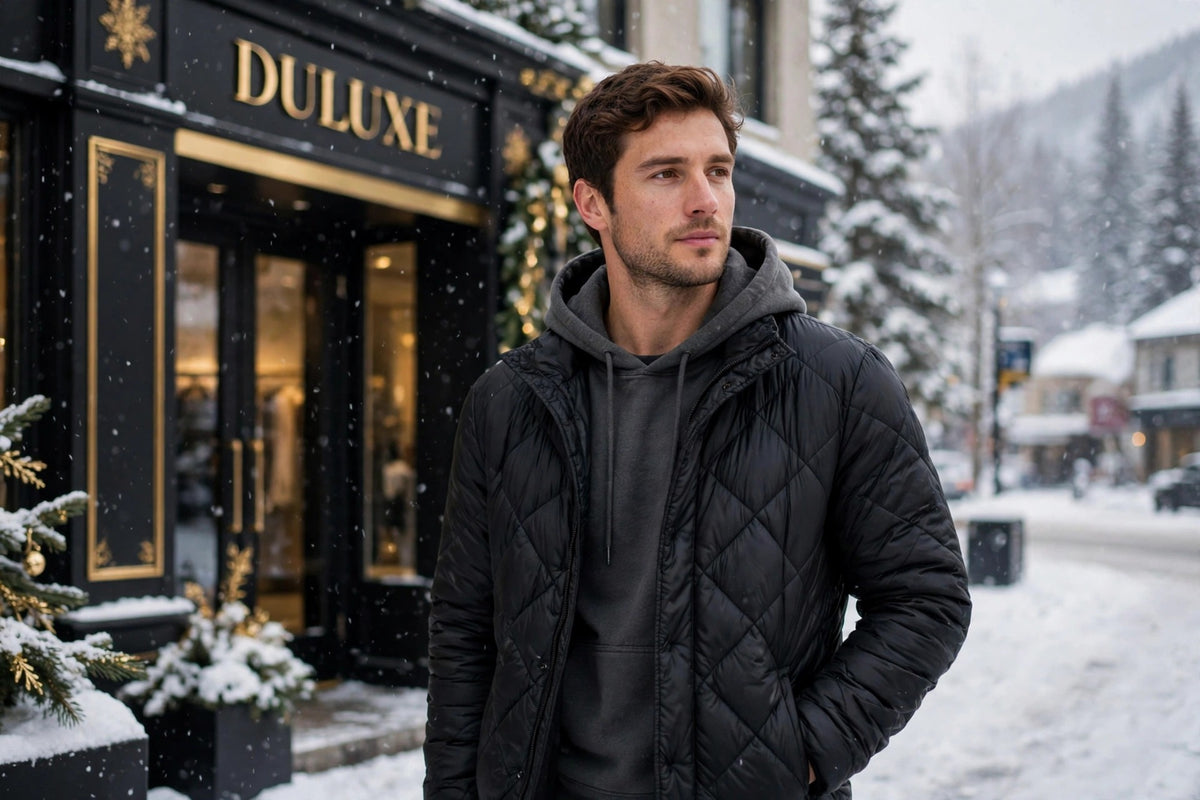 Doudoune noire portée ouverte sur un hoodie, style décontracté de fin de semaine en hiver