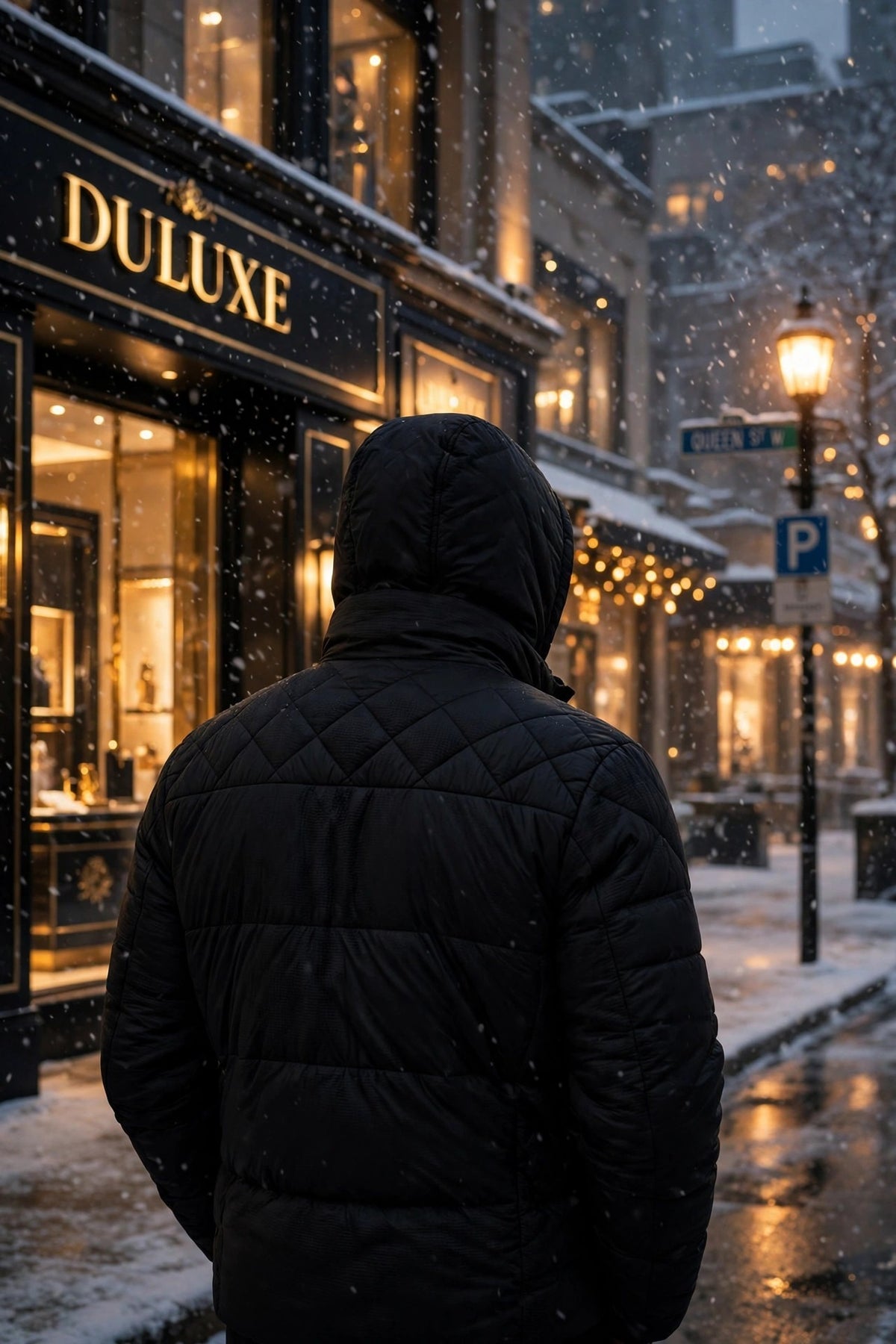 Vue arrière de la doudoune avec capuche remise, silhouette sous une chute de neige douce le soir