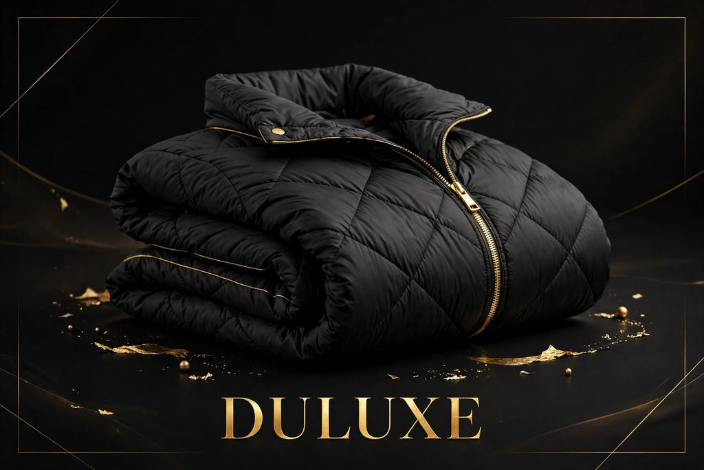 Présentation premium de la doudoune pliée sur fond noir avec accents dorés DULUXE