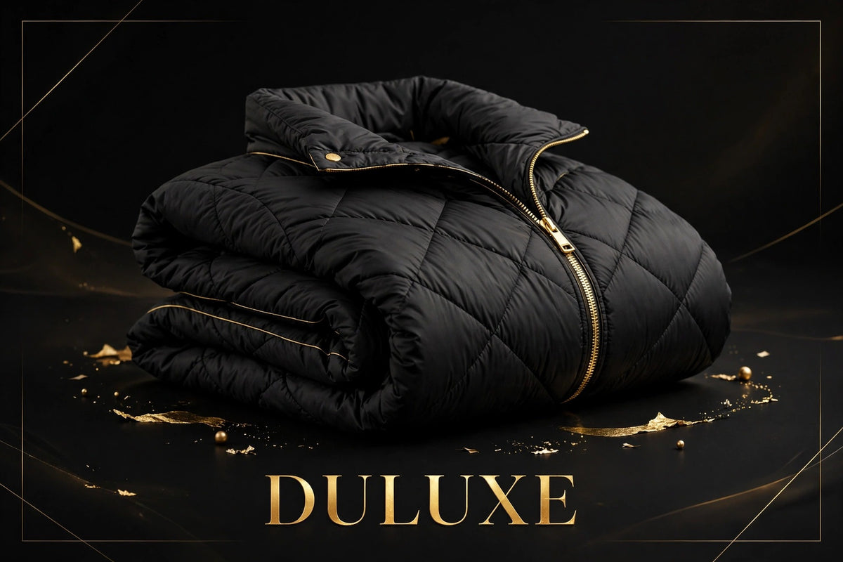 Présentation premium de la doudoune pliée sur fond noir avec accents dorés DULUXE