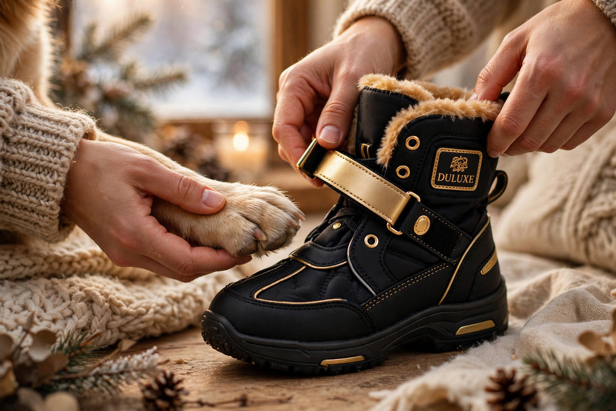 Mains qui enfilent une botte d'hiver à un chien