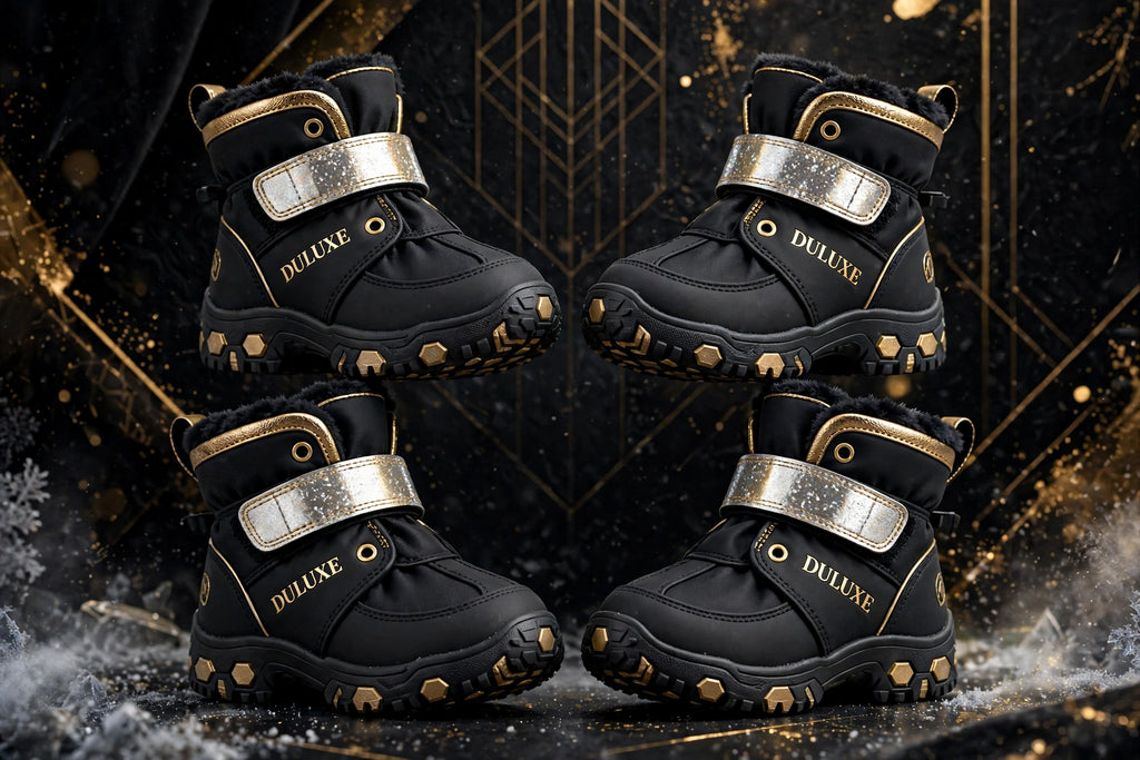 Set de 4 bottes antidérapantes d'hiver pour chien DULUXE noires et dorées