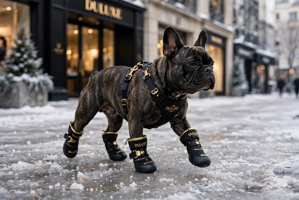 Chien qui marche en sécurité sur un trottoir glacé et salé avec ses bottes