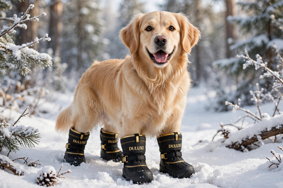 Chien portant ses bottes d'hiver DULUXE dans la neige