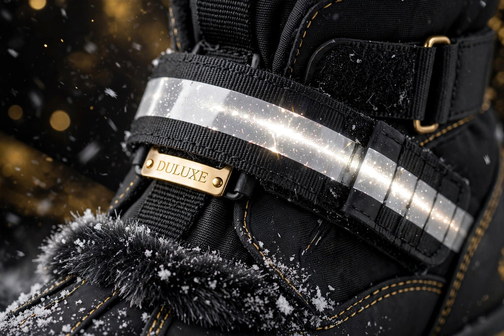 Détail de la fermeture velcro réfléchissante des bottes pour chien
