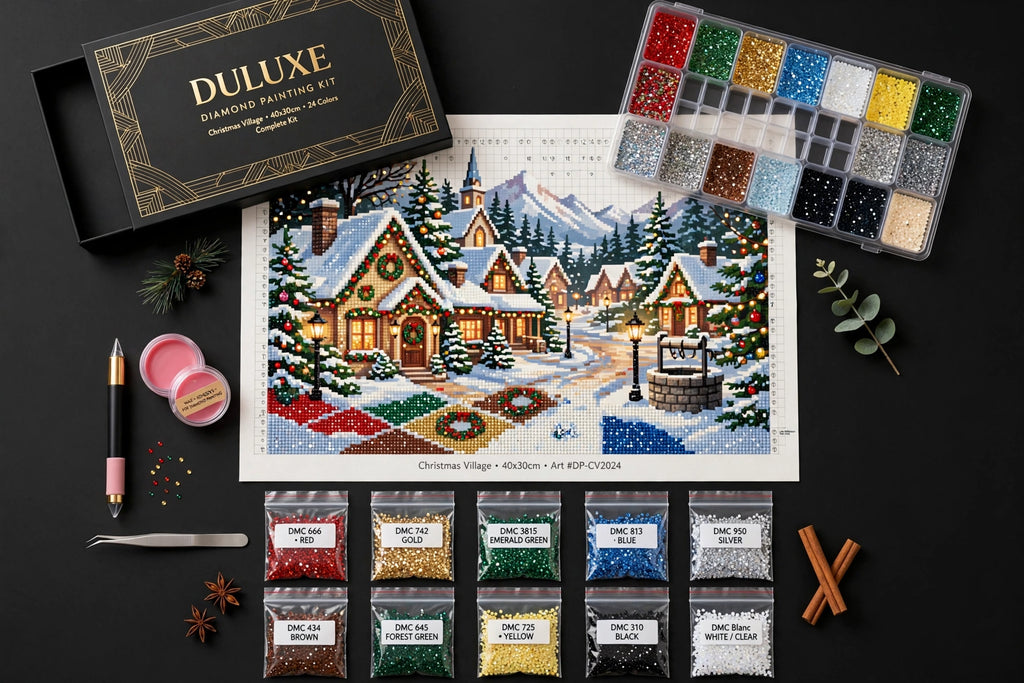 Contenu complet du coffret de peinture diamant de Noël DULUXE présenté à plat