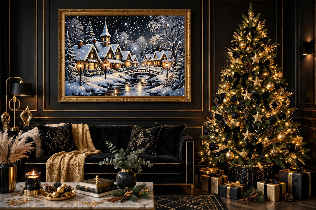 Tableau de peinture diamant terminé et encadré au mur d'un salon décoré pour Noël