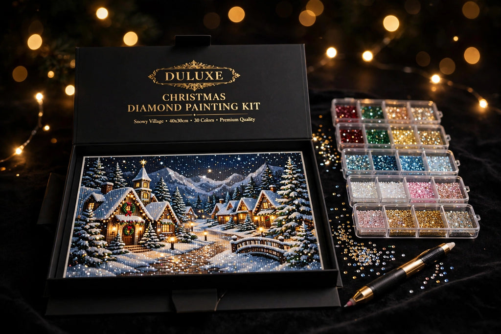 Kit de peinture diamant de Noël DULUXE présenté sur fond noir et doré