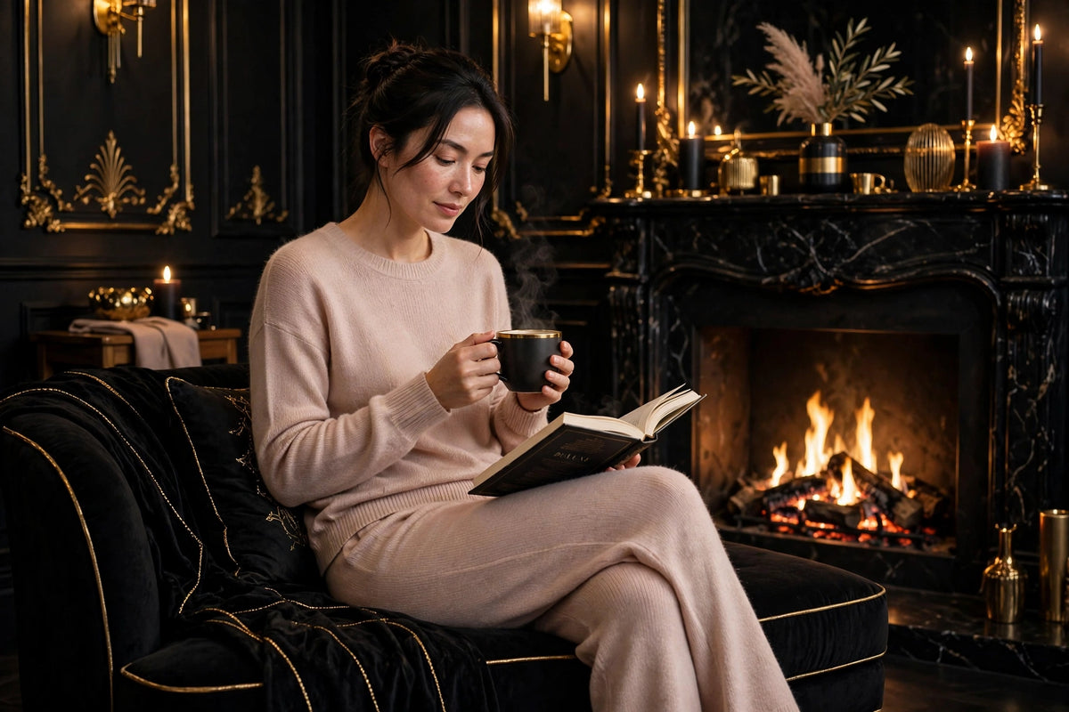 Femme en ensemble détente beige rosé lisant au coin du feu avec une boisson chaude