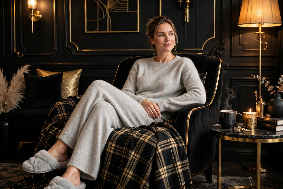 Ensemble détente gris perle porté avec pantoufles et plaid dans un fauteuil douillet