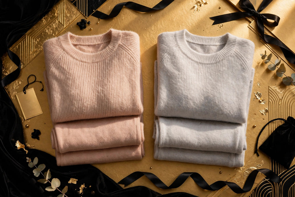 Les deux coloris beige rosé et gris perle de l'ensemble détente pliés sur fond doré