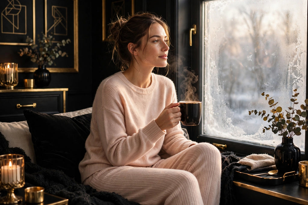 Matin cocooning en ensemble détente beige rosé près d'une fenêtre givrée