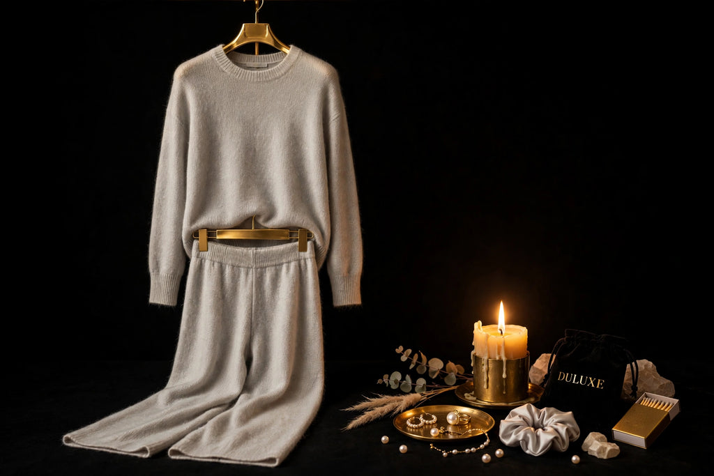 Ensemble détente gris perle sur cintre avec bougie et accessoires raffinés