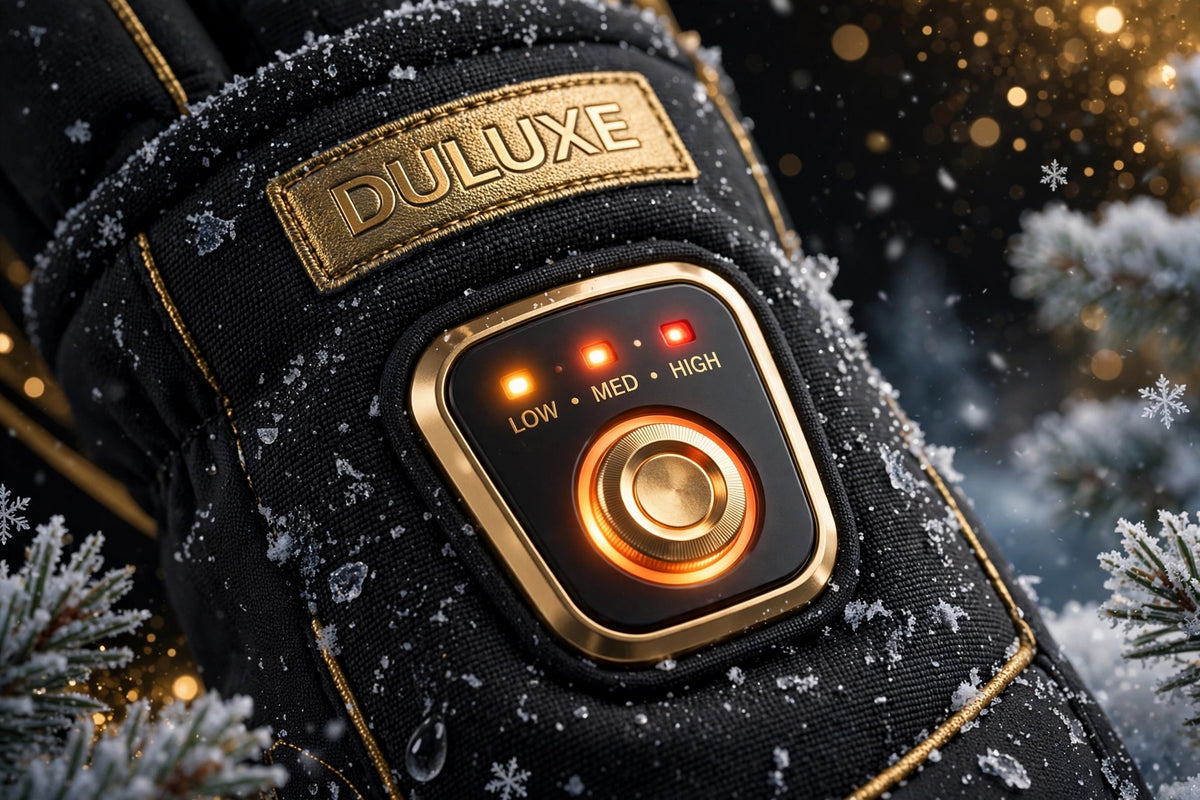 Gros plan sur le bouton de réglage des 3 niveaux de chaleur des gants chauffants