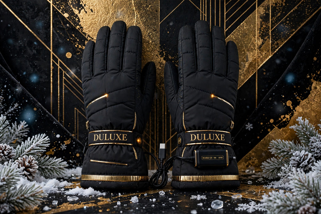 Gants chauffants rechargeables DULUXE noirs avec accents dorés sur fond premium