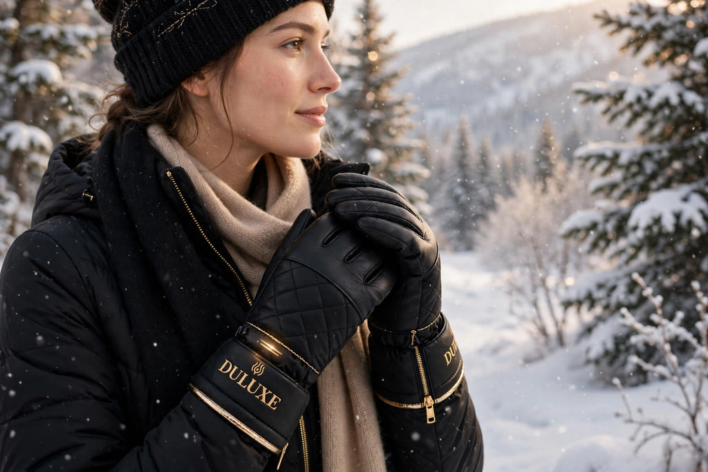 Personne portant les gants chauffants DULUXE dans la neige au Canada