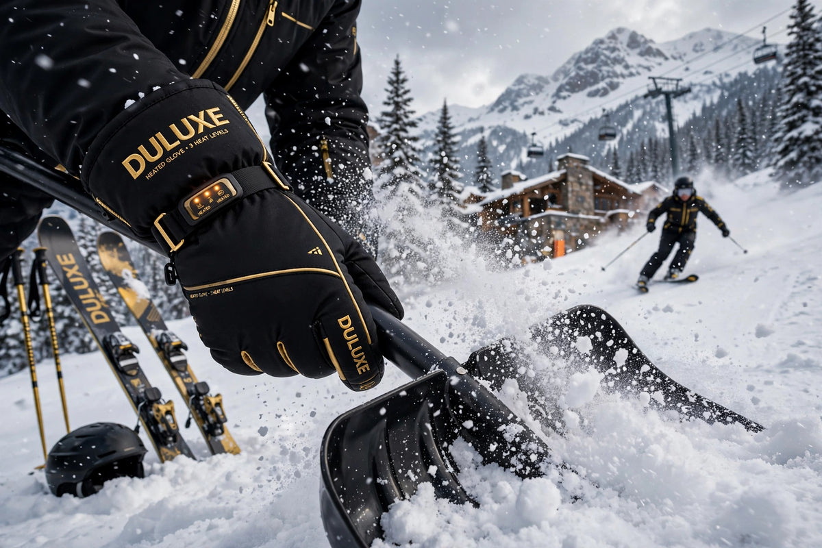 Gants chauffants DULUXE portés en situation de ski et de déneigement