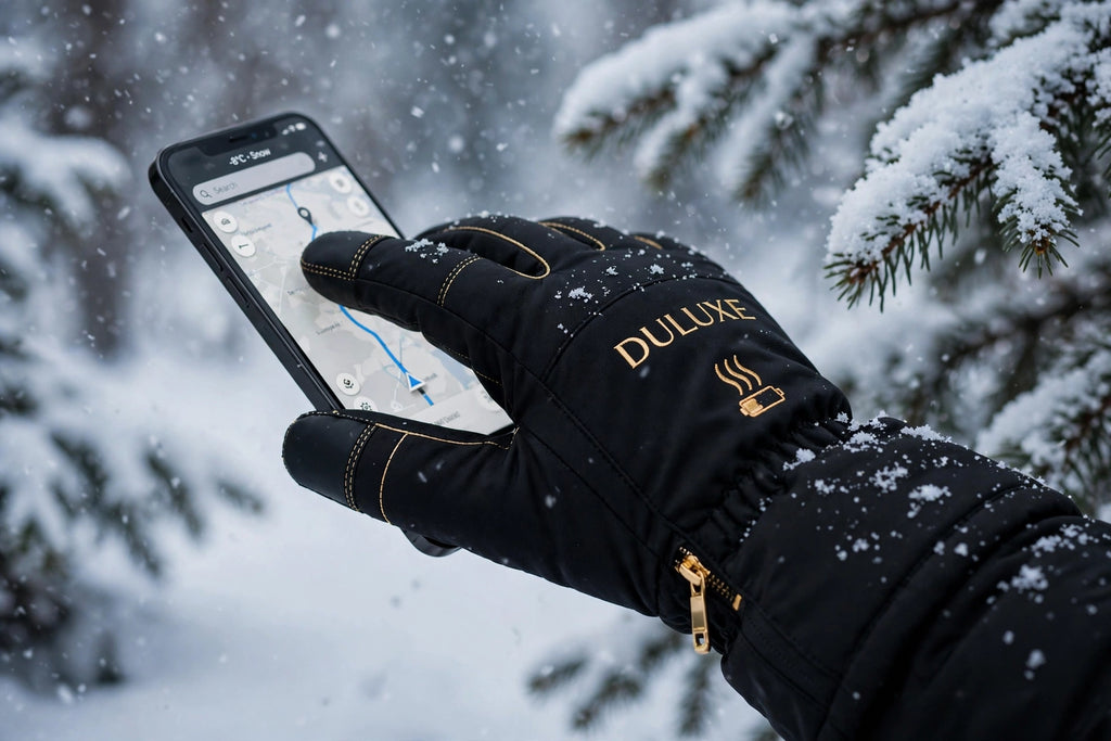 Doigts tactiles des gants chauffants utilisés sur un téléphone dans le froid
