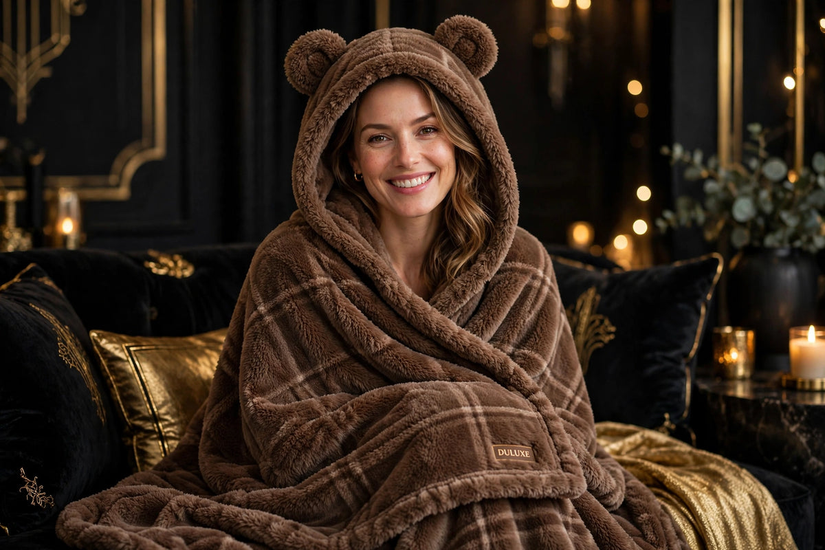Femme portant le plaid à capuche ours douillet brun DULUXE, capuche à oreilles d'ours, ambiance cocooning noir et doré