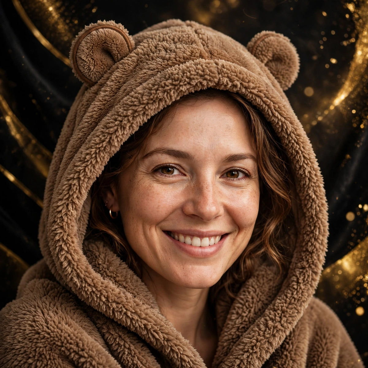 Gros plan sur la capuche du plaid ours et ses oreilles rondes en peluche douce DULUXE